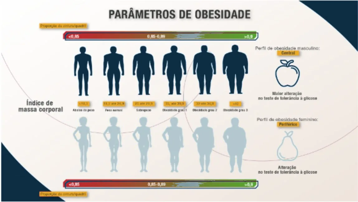 Infográfico 'Parâmetros de obesidade': silhuetas masculinas (vinho) e femininas (verde) crescendo conforme o índice de massa corporal: < 18,5 abaixo do peso; 18,5 até 24,9 peso normal; 25 até 29,9 sobrepeso; obesidade grau 1; obesidade grau 2; > 40 obesidade grau 3. Barras de proporção cintura/quadril em gradiente: < 0,85; 0,85-0,89; > 0,9. Perfil de obesidade masculino: central (maçã), maior alteração no teste de tolerância à glicose. Perfil de obesidade feminino: periférico (pera), alteração no teste de tolerância à glicose.